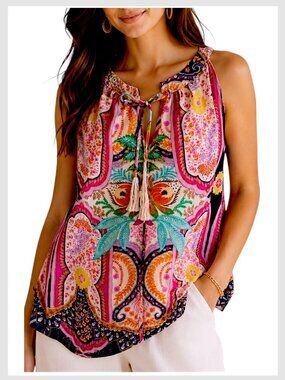 Rose + Olive Sleeveless Paisley Floral Boho Blouse Pink Multi L